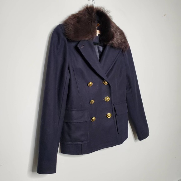 TORY BURCH • Navy Blue Alexandre Removable Fur Trim Pea Coat Sz 4 - Picture 4 of 11